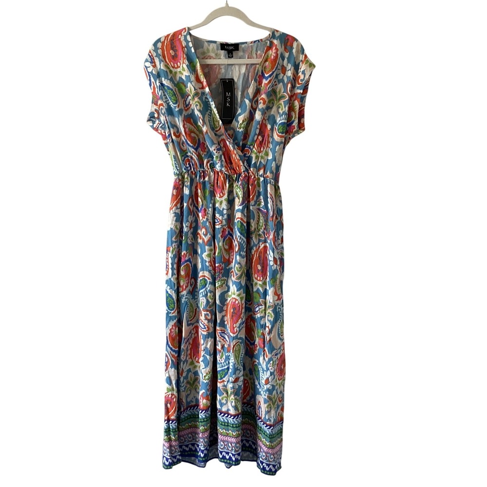MSK Womens Blue Paisley Ikat Print V-Neck Elastic‎ Waist Maxi Dress Small